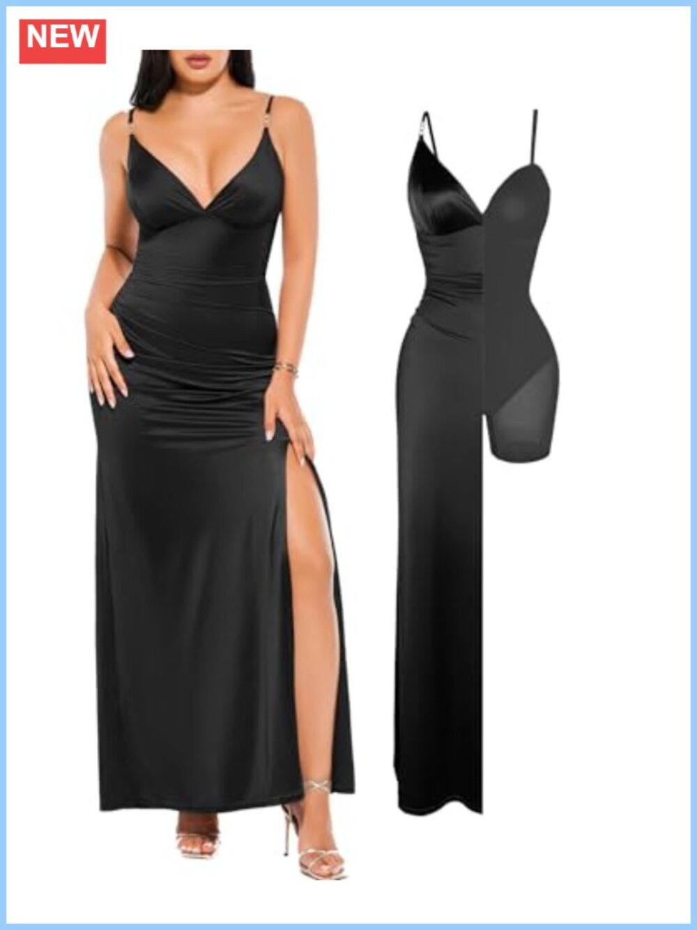 Satin Maxi Dress Rhinestone Strap V-Neck Bodycon Formal Cocktail